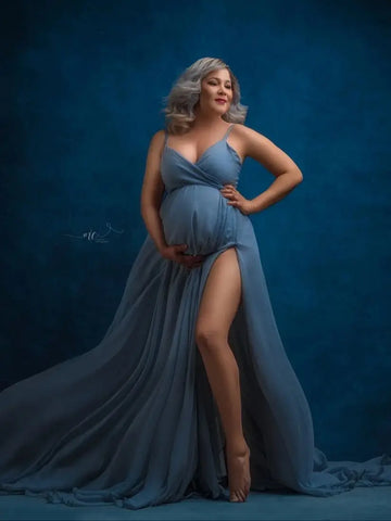 MQTIME  -  Modest V Neck Maternity Dress for Photoshoot  Blue Sleeveless Ruch Side Slit  Pregnancy Photo Vestido For Babyshower Customized